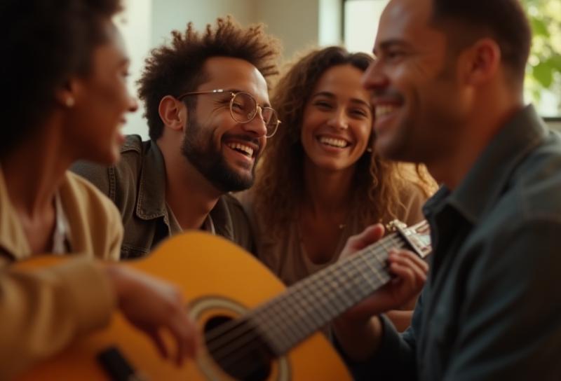 Grupo diverso de personas con una guitarra, sonriendo y discutiendo sobre música. Representando al equipo o comunidad de Melodía Digital.