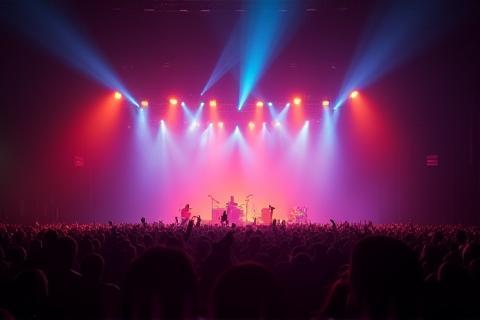 Amplia toma atmosférica de un gran concierto de música en vivo, con luces de escenario y una multitud entusiasta.