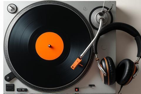 Imagen de un disco de vinilo en un tocadiscos junto a unos auriculares de alta fidelidad.